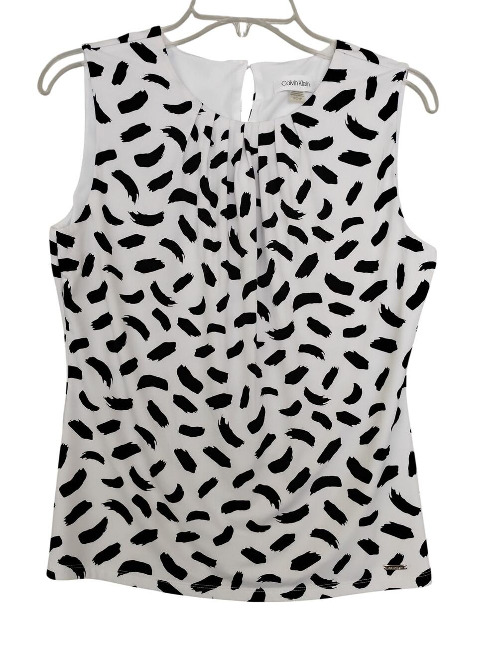 Calvin Klein Blouse Size Small Black Brushstrokes on White Sleeveless Lined